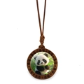 Cute panda necklace with wooden pendant and bamboo design on a brown cord - Panda Holding Bamboo Style 1 (JY009365-1)