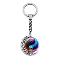 Yin Yang keychain with rotating neon colored Tai Chi pendant in silver metal finish - Nebula Red Blue Style (JY009352-3)