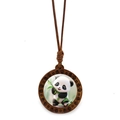 Panda necklace with round wooden pendant on dark brown braided cord, cute bamboo design - Panda Holding Bamboo Style 2 (JY009365-2)