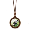 Cute panda wooden pendant necklace with bamboo leaf motif and brown wax rope cord - Panda Holding Bamboo Style 4 (JY009365-4)