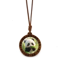 Panda necklace with round wooden pendant and brown braided wax rope cord - Panda Holding Bamboo Style 5 (JY009365-5)