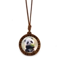 Cute cartoon panda holding bamboo on a round wooden pendant with dark brown braided rope - Panda Holding Bamboo Style 6 (JY009365-6)