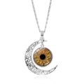 Gothic crescent moon necklace featuring a brown iris glass gemstone in silver finish - Brown Eye Style (JY009357-1)