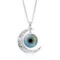 Silver crescent moon necklace with intricate filigree and blue eye cabochon pendant - Dark Blue Iris Style (JY009357-3)