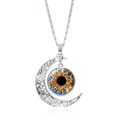 Silver crescent moon necklace with realistic eye glass gem pendant for women - Blue Green Eye Style (JY009357-6)