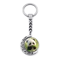 Rotating panda panda keychain with bamboo illustration and silver crescent frame - Eating Bamboo Panda Style (JY009363-5)