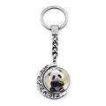 Rotating bamboo panda keychain with silver crescent moon metal frame and cartoon pendant - Vintage Illustration Panda Style (JY009363-6)