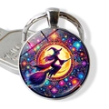 Halloween witch flying on broom metal keychain with colorful magical pattern design - Starlight Wizard Full Moon(JY009410-9)