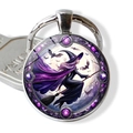 Purple Halloween witch riding broom on round glass silver keychain with key reference - Purple Moon Shadow Witch(JY009410-5)