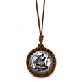 Detail of wooden witch and black cat pendant on vintage brown braided cord necklace - Black Cat Magic Book Witch Style (JY009412-11)