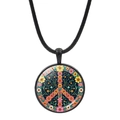 Floral peace sign necklace with black cord featuring colorful blooms and dark blue background - Black Trim / Dark Blue Floral Peace Sign (Black-12)