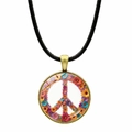 Floral peace sign pendant necklace with bronze frame and colorful flowers - Bronze Frame / Dense Colorful Floral Peace Sign (Bronze-11)