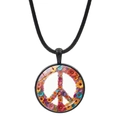 Artistic peace sign necklace with colorful floral pattern and black cord chain - Black Trim / Dense Colorful Floral Peace Sign (Black-11)