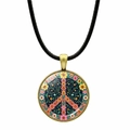Bohemian peace sign necklace with floral pattern in bronze frame and black woven cord - Bronze Frame / Dark Blue Floral Peace Sign (Bronze-12)