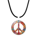 Collier avec pendentif signe de paix floral coloré, cadre argenté et cordon noir - Signe de paix floral coloré dense (Argent-11)