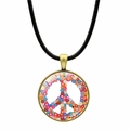 Collier pendentif signe de paix fleuri avec fleurs colorées et finition bronze sur cordon - Signe de la Paix Grappe Florale Colorée (Bronze-3)