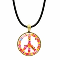 Collier pendentif signe de paix floral bohème avec cordon noir et cadre bronze - Signe de paix nature fleurs papillon (Bronze-4)