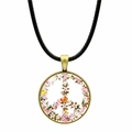 Collier pendentif symbole de paix fleuri avec fleurs roses et papillon sur cordon noir - Signe de la Paix Fleurs Roses Papillon (Bronze-6)