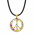 Collier signe de paix floral avec pendentif papillon et cordon tressé noir doré - Signe de la Paix Floral Coloré Réaliste (Bronze-8)