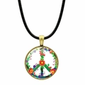 Collier bohème avec pendentif signe de paix fleuri, cadre en bronze et cordon noir - Signe de la Paix Floral Coloré Artistique (Bronze-9)