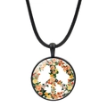 Collier signe de paix noir avec motif floral coloré incrusté sur un pendentif rond - Signe de la Paix Floral Frais Vintage (Noir-5)