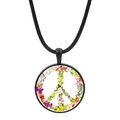 Collier signe de paix avec fleurs et papillon, pendentif sur cordon noir pour femme - Signe de la Paix Fleurs Papillon Aquarelle (Noir-8)