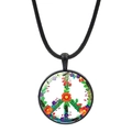 Pendentif symbole de paix floral avec motifs de fleurs colorées et cordon noir ciré - Signe de la Paix Floral Frais Artistique (Noir-9)
