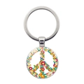 Macro detail of silver car keychain with colorful floral peace sign charm pendant - Colorful Tiny Wreath Peace Sign (Silver-10)
