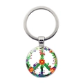 Detailed view of metal keychain with colorful floral peace sign charm and silver ring - Green Leaf Berry Peace Sign (Silver-9)