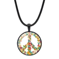 Collier pendentif signe de paix rond avec motifs floraux colorés sur cordon noir - Signe de la Paix Floral Éclatant (Noir-10)