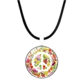 Collier avec pendentif signe de paix fleuri, cadre argenté et cordon noir tressé - Signe de la Paix Floral Gemme (Argent-1)