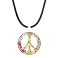 Collier avec pendentif symbole de paix fleuri coloré et cordon noir élégant - Signe de la Paix Floral Papillon Nature (Argent-8)