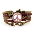 Bracelet rétro multicouche en cuir tressé avec signe de paix floral et papillons en bronze - Style de Signe de Paix Petites Fleurs Colorées (JY009417-3)