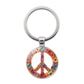 Round silver keychain featuring a colorful daisy flower peace sign pattern on white background - Colorful Tiny Daisy Peace Sign (Silver-11)