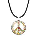 Collier avec pendentif signe de paix fleuri bohème au design coloré et cordon noir - Signe de la Paix Floral Bohême (Argent-10)