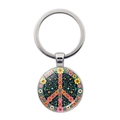 Floral peace sign car keychain with colorful bohemian flower pattern in silver finish - Bohemian Floral Peace Sign (Silver-12)