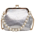 Sac de soirée argenté avec poignée luxueuse en perles et fermoir doré chic - Argenté