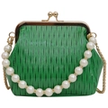 Sac à cadre plissé vert émeraude vintage avec poignée en perles et chaîne dorée - Vert
