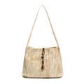 Chic beige velvet shoulder bag with bamboo leaf pattern and wood bead drawstring - Beige