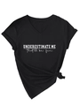Détail d'un t-shirt noir à col en V avec ourlet noué et texte imprimé en blanc - Noir (Police Blanche)