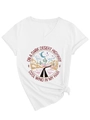 T-shirt bianca con scollo a V da donna con stampa desertica e nodo laterale alla moda - S / Bianco