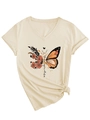 Detail of V-neck T-shirt showing floral butterfly print and front knot tie detail - S / Sand (Black Graphic)