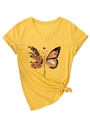 Detail of yellow V-neck T-shirt with butterfly floral print and stylish front hem knot - S / Yellow (Black Graphic)