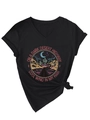 Detail of V-neck black T-shirt featuring vintage desert highway graphic and front hem knot - S / Black