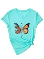Detail of V-neck mint t-shirt with butterfly graphic and magic quote tie-front hem - S / Deep Water Blue (Black Graphic)