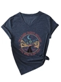 Detail of V-neck T-shirt showing retro desert highway graphic and lyrics on grey fabric - S / Navy Blue