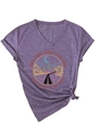 Detail of V-neck purple heather T-shirt featuring a desert graphic and front knot hem - S / Purple