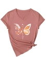 Detail of V-neck T-shirt in dusty rose featuring butterfly floral print and hem knot - Rose Gold (White Graphic)