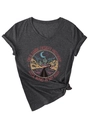 Detail of V-neck dark grey t-shirt with retro desert highway print and knotted hem style - S / Black Heather Grey