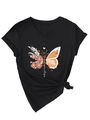 Close-up of black V-neck T-shirt featuring artistic butterfly floral print and magic slogan - Black (White Graphic)